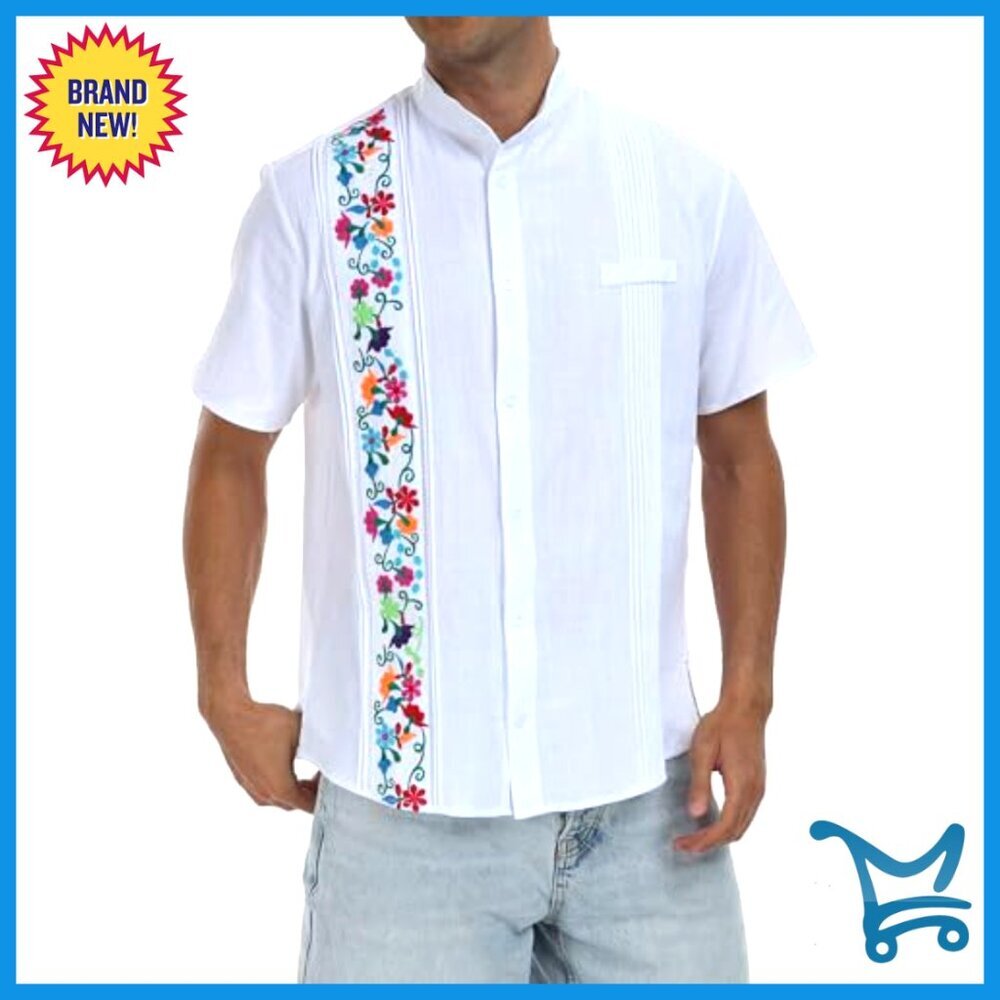 Men's Embroidered Cotton Cuban Shirt Summer Short Sleeve Button Down - Picture 6 of 7